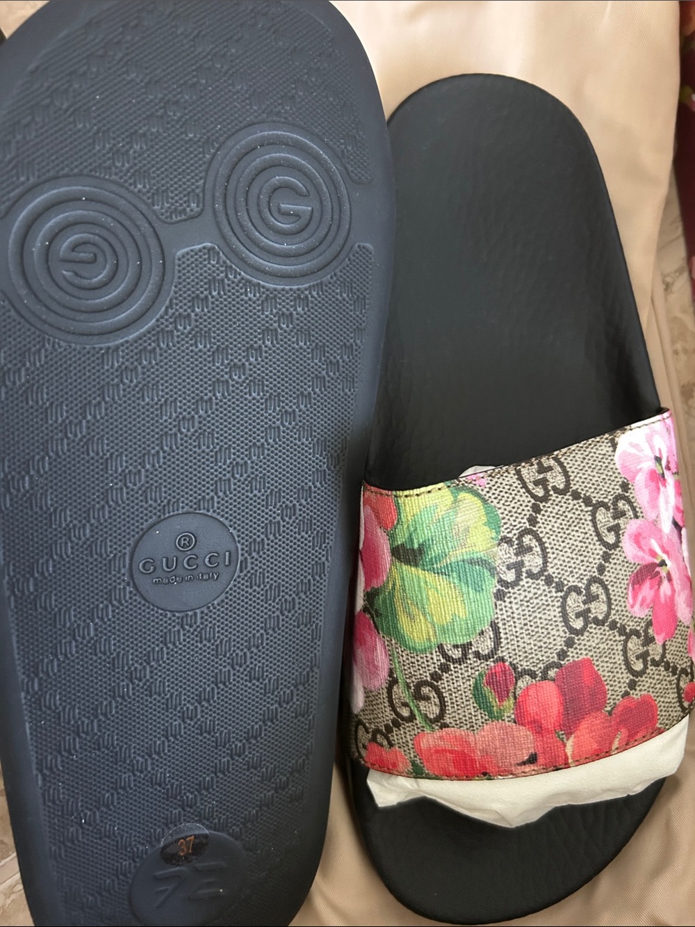Gucci Black Footbed Floral Monogram Slide Sandals - Picture 2 of 5